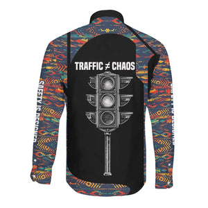 Garrett Morgan Long Sleeve Button Shirt with Full Body Portrait, Stop Wait Go Quote, Traffic Light Design - African Pride