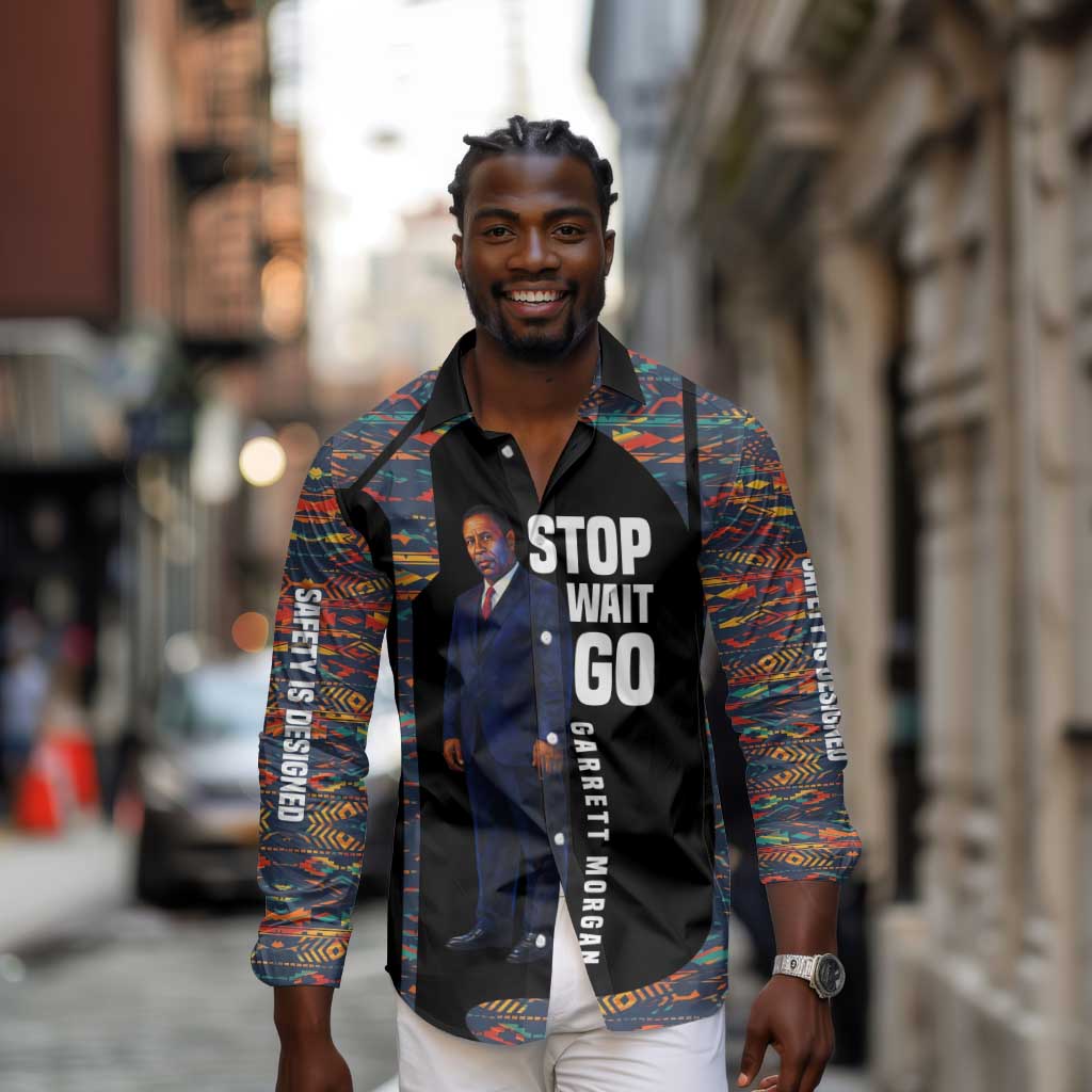 Garrett Morgan Long Sleeve Button Shirt with Full Body Portrait, Stop Wait Go Quote, Traffic Light Design - African Pride