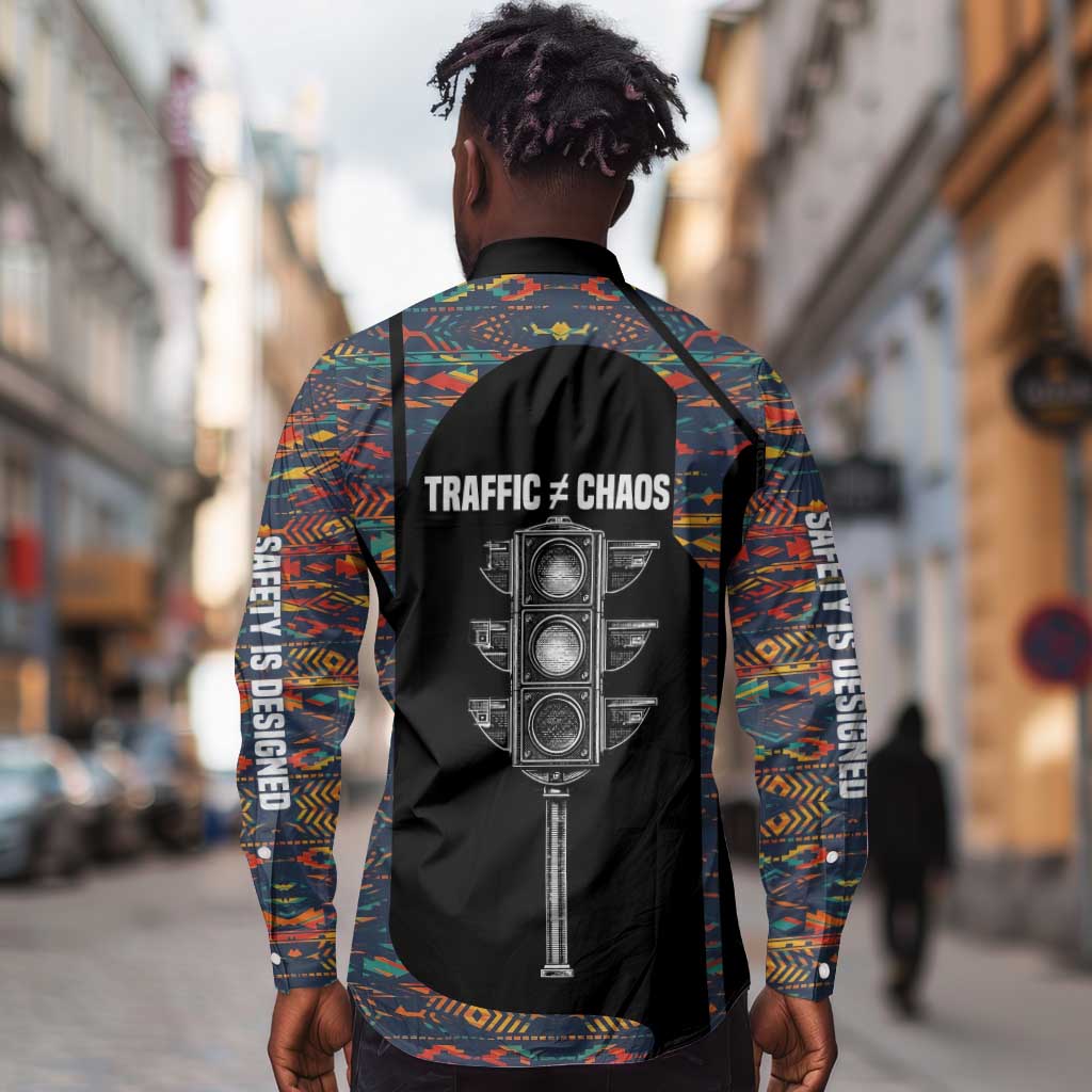 Garrett Morgan Long Sleeve Button Shirt with Full Body Portrait, Stop Wait Go Quote, Traffic Light Design - African Pride
