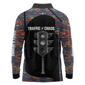 Garrett Morgan Long Sleeve Polo Shirt with Full Body Portrait, Stop Wait Go Quote, Traffic Light Design - African Pride