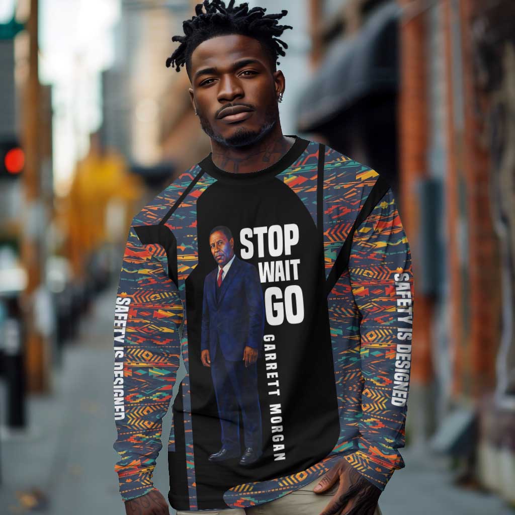 Garrett Morgan Long Sleeve Shirt with Full Body Portrait, Stop Wait Go Quote, Traffic Light Design - African Pride