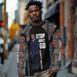 Garrett Morgan Long Sleeve Shirt with Full Body Portrait, Stop Wait Go Quote, Traffic Light Design - African Pride