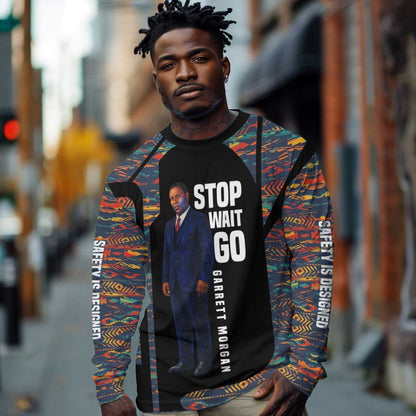 Garrett Morgan Long Sleeve Shirt with Full Body Portrait, Stop Wait Go Quote, Traffic Light Design - African Pride