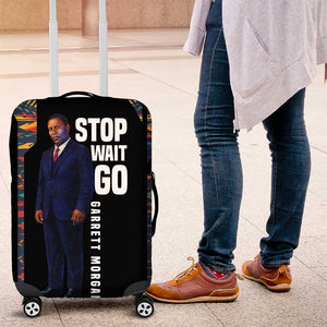 Garrett Morgan Luggage Cover with Full Body Portrait, Stop Wait Go Quote, Traffic Light Design - African Pride