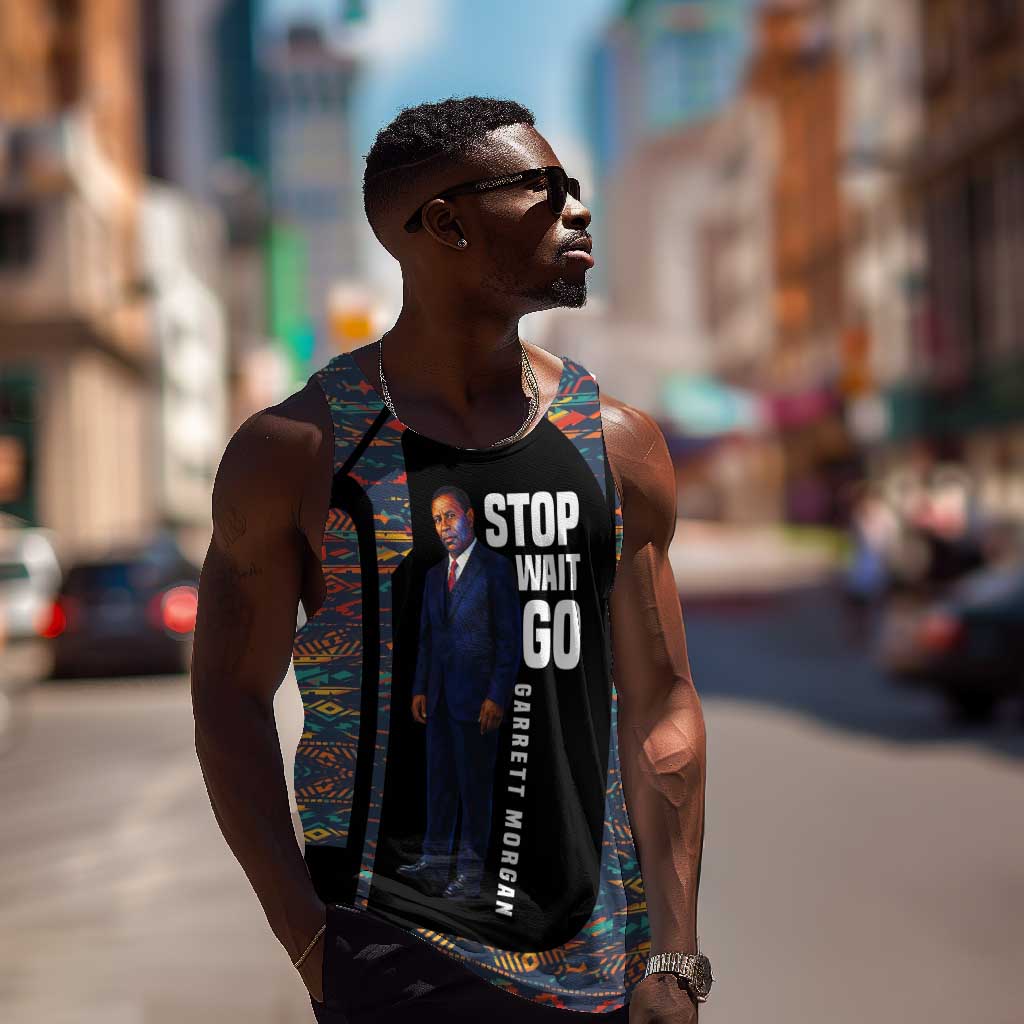 Garrett Morgan Men Tank Top with Full Body Portrait, Stop Wait Go Quote, Traffic Light Design - African Pride