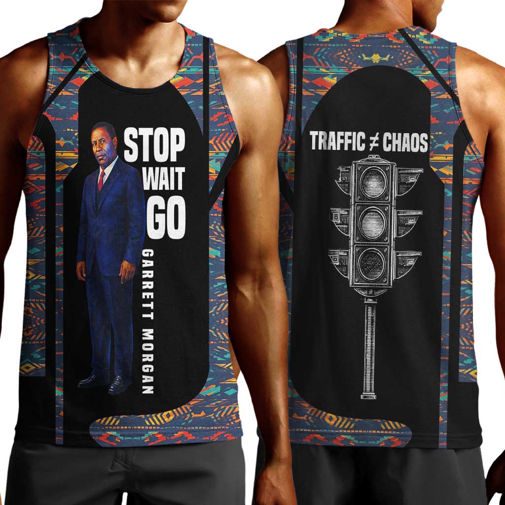 Garrett Morgan Men Tank Top with Full Body Portrait, Stop Wait Go Quote, Traffic Light Design - African Pride