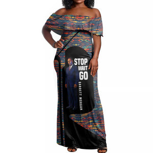 Garrett Morgan Off Shoulder Maxi Dress with Full Body Portrait, Stop Wait Go Quote, Traffic Light Design - African Pride
