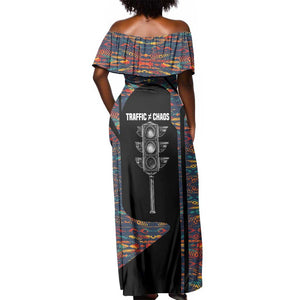 Garrett Morgan Off Shoulder Maxi Dress with Full Body Portrait, Stop Wait Go Quote, Traffic Light Design - African Pride