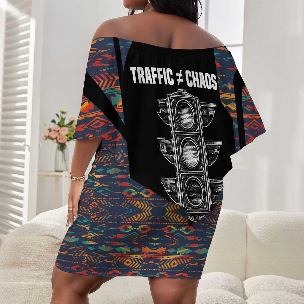 Garrett Morgan Off Shoulder Short Dress with Full Body Portrait, Stop Wait Go Quote, Traffic Light Design - African Pride