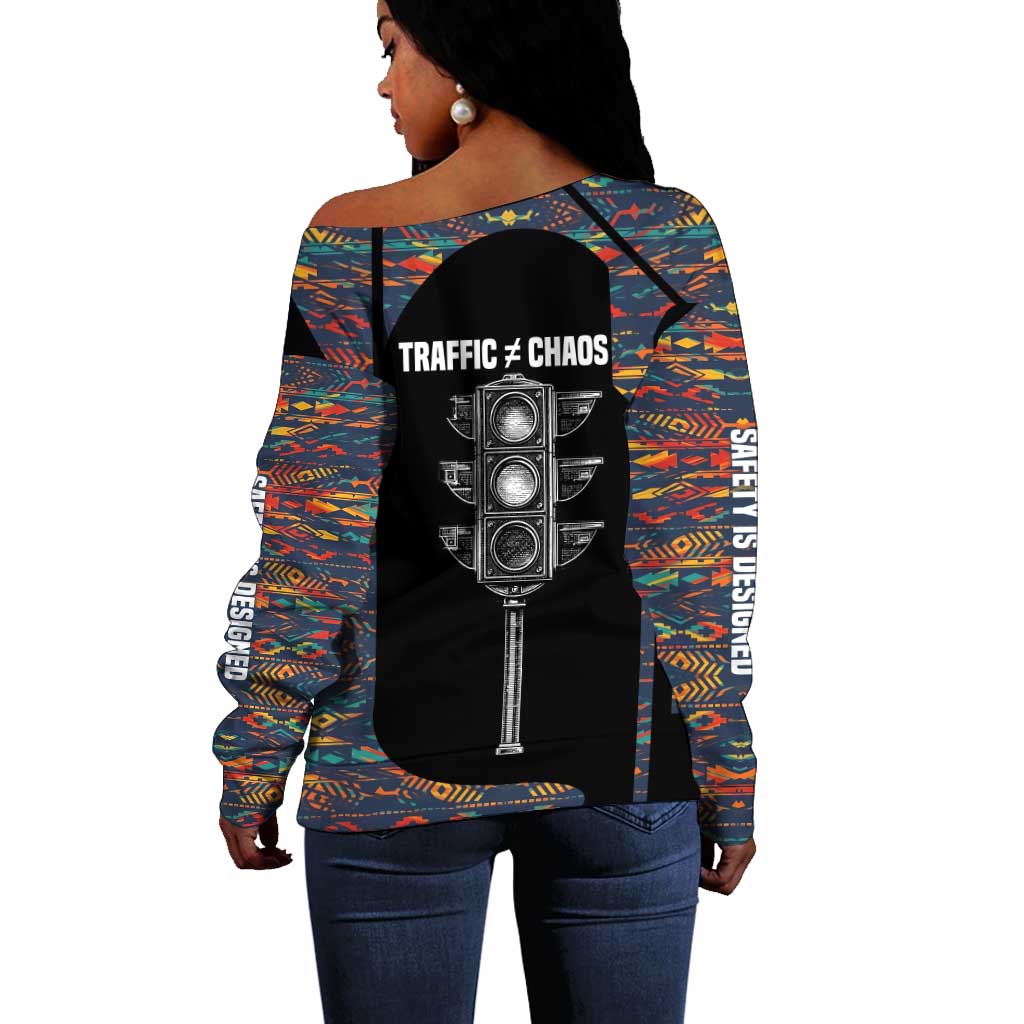 Garrett Morgan Off Shoulder Sweater with Full Body Portrait, Stop Wait Go Quote, Traffic Light Design - African Pride