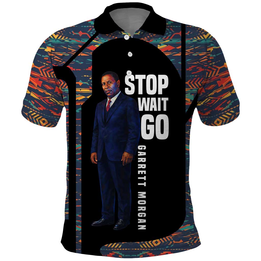 Garrett Morgan Polo Shirt with Full Body Portrait, Stop Wait Go Quote, Traffic Light Design - African Pride