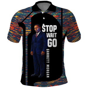 Garrett Morgan Polo Shirt with Full Body Portrait, Stop Wait Go Quote, Traffic Light Design - African Pride