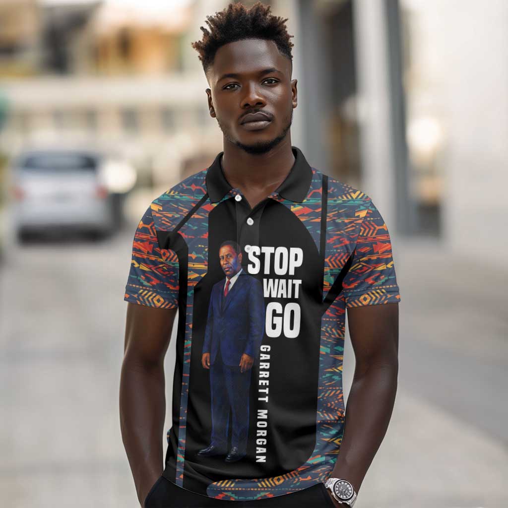 Garrett Morgan Polo Shirt with Full Body Portrait, Stop Wait Go Quote, Traffic Light Design - African Pride