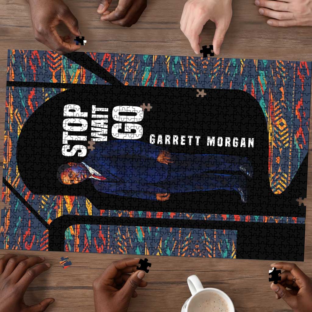 Garrett Morgan Puzzle with Full Body Portrait, Stop Wait Go Quote, Traffic Light Design - African Pride