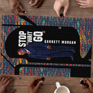Garrett Morgan Puzzle with Full Body Portrait, Stop Wait Go Quote, Traffic Light Design - African Pride