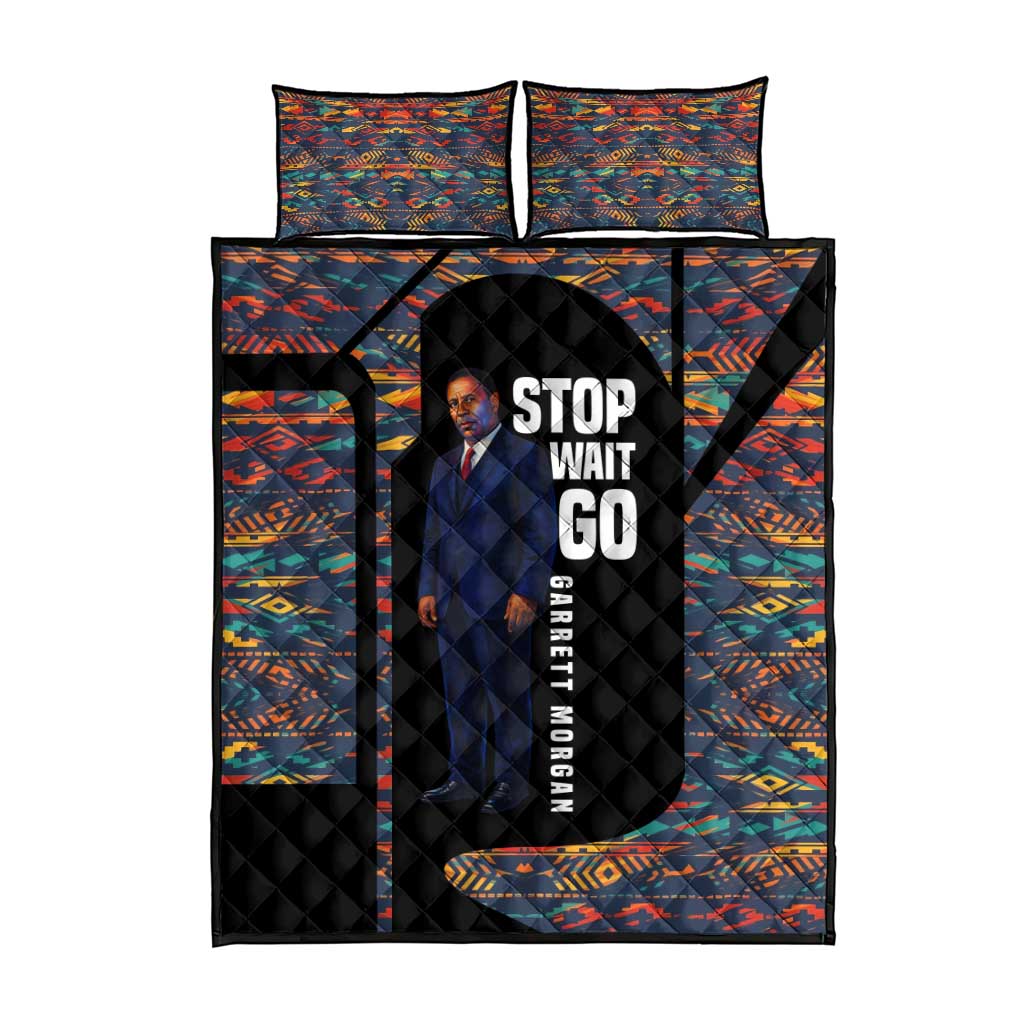 Garrett Morgan Quilt Bed Set with Full Body Portrait, Stop Wait Go Quote, Traffic Light Design - African Pride