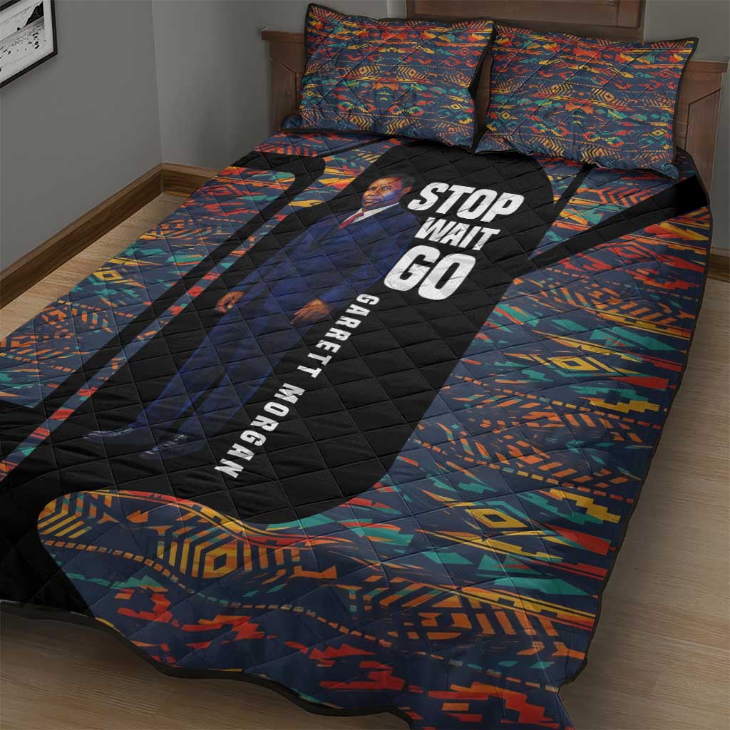 Garrett Morgan Quilt Bed Set with Full Body Portrait, Stop Wait Go Quote, Traffic Light Design - African Pride