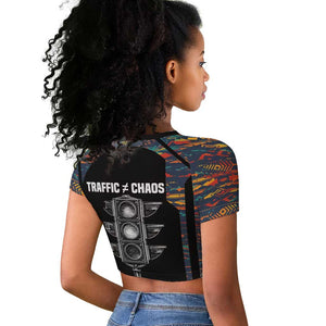 Garrett Morgan Raglan Cropped T shirt with Full Body Portrait, Stop Wait Go Quote, Traffic Light Design - African Pride