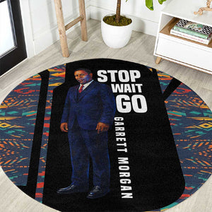 Garrett Morgan Round Carpet with Full Body Portrait, Stop Wait Go Quote, Traffic Light Design - African Pride