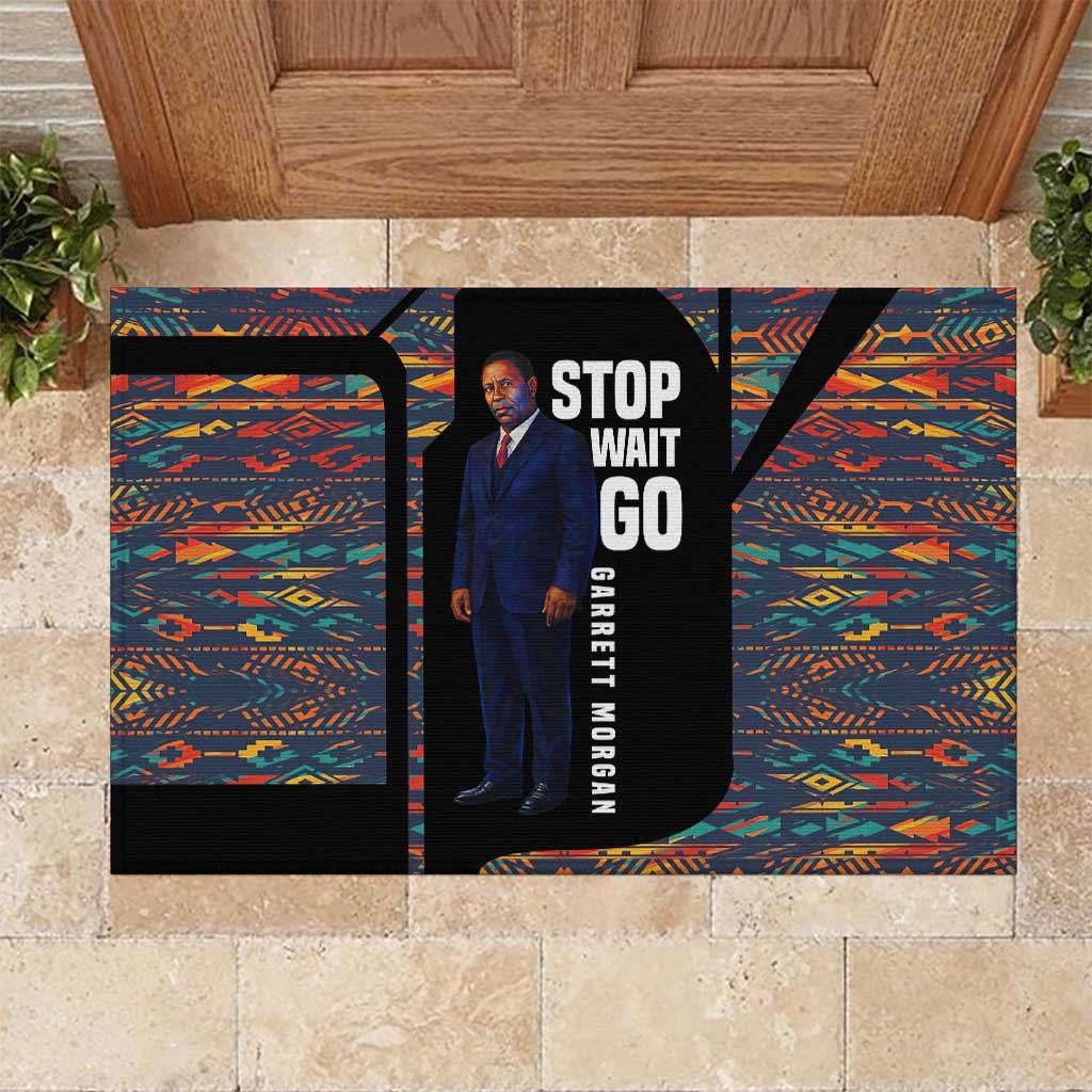 Garrett Morgan Rubber Doormat with Full Body Portrait, Stop Wait Go Quote, Traffic Light Design - African Pride