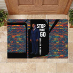 Garrett Morgan Rubber Doormat with Full Body Portrait, Stop Wait Go Quote, Traffic Light Design - African Pride