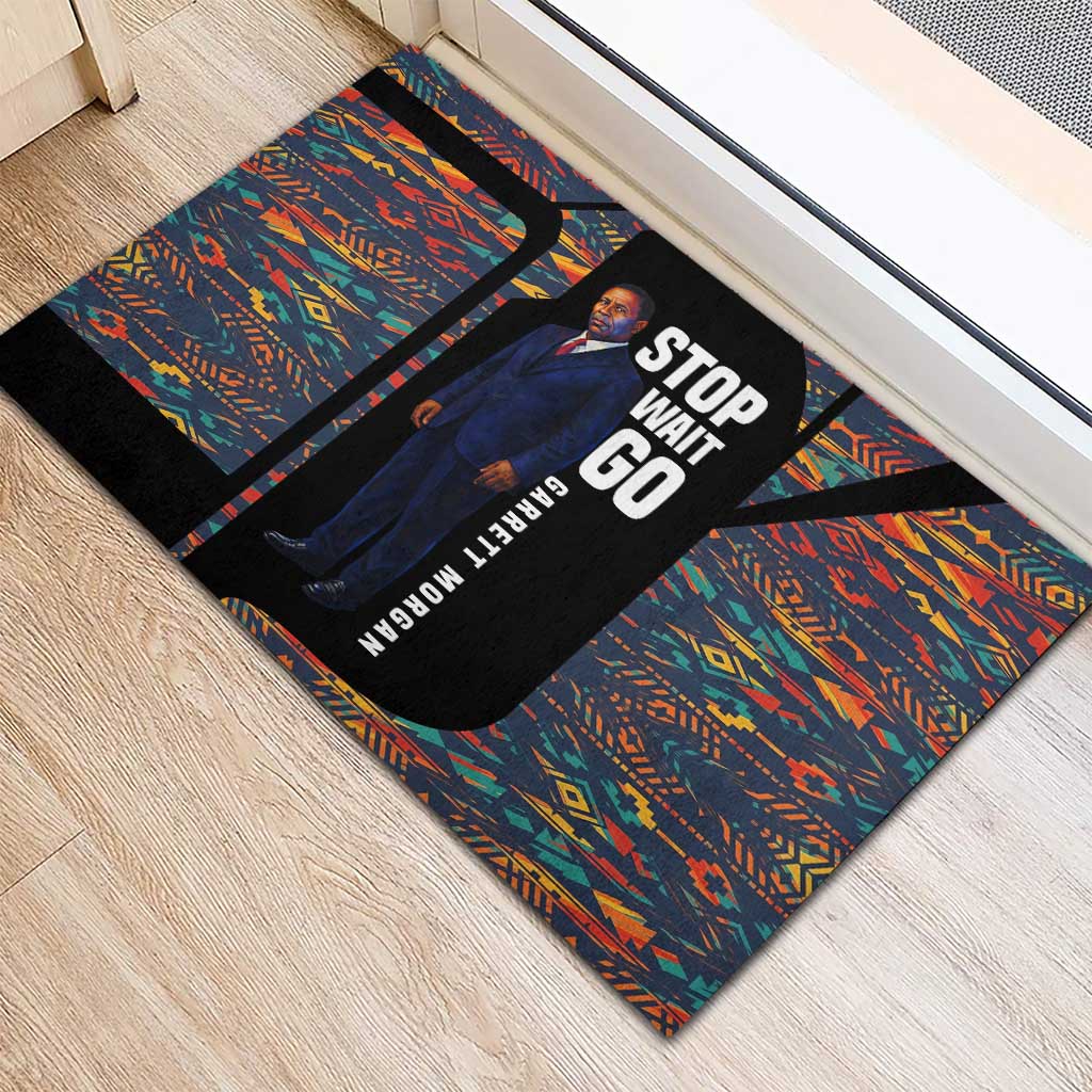 Garrett Morgan Rubber Doormat with Full Body Portrait, Stop Wait Go Quote, Traffic Light Design - African Pride