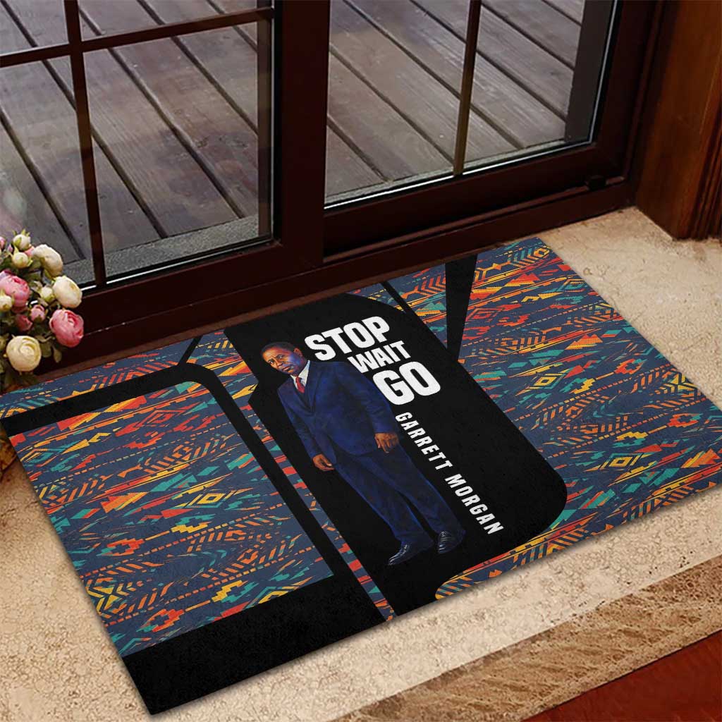 Garrett Morgan Rubber Doormat with Full Body Portrait, Stop Wait Go Quote, Traffic Light Design - African Pride