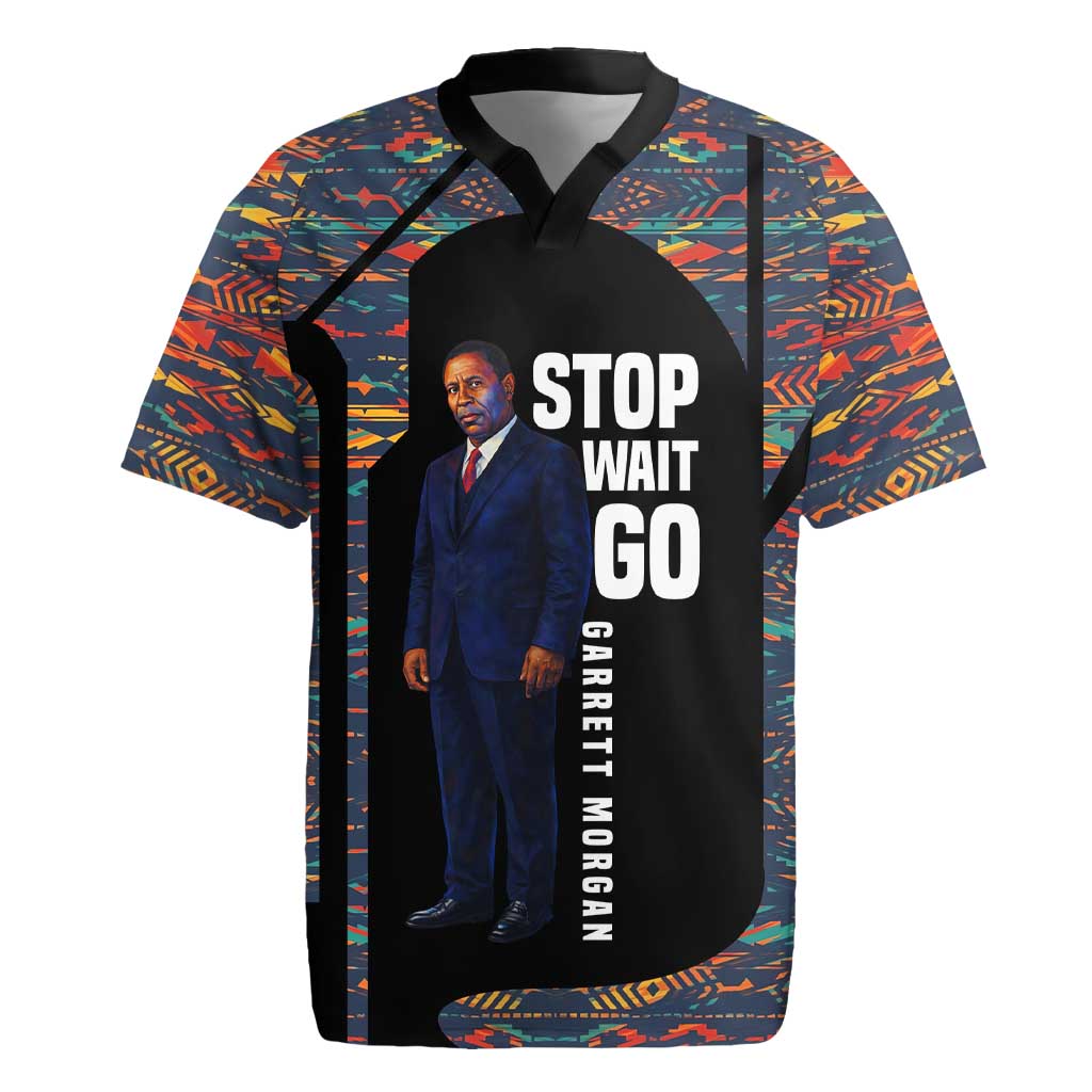 Garrett Morgan Rugby Jersey with Full Body Portrait, Stop Wait Go Quote, Traffic Light Design - African Pride