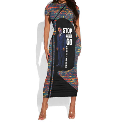 Garrett Morgan Short Sleeve Bodycon Dress with Full Body Portrait, Stop Wait Go Quote, Traffic Light Design - African Pride