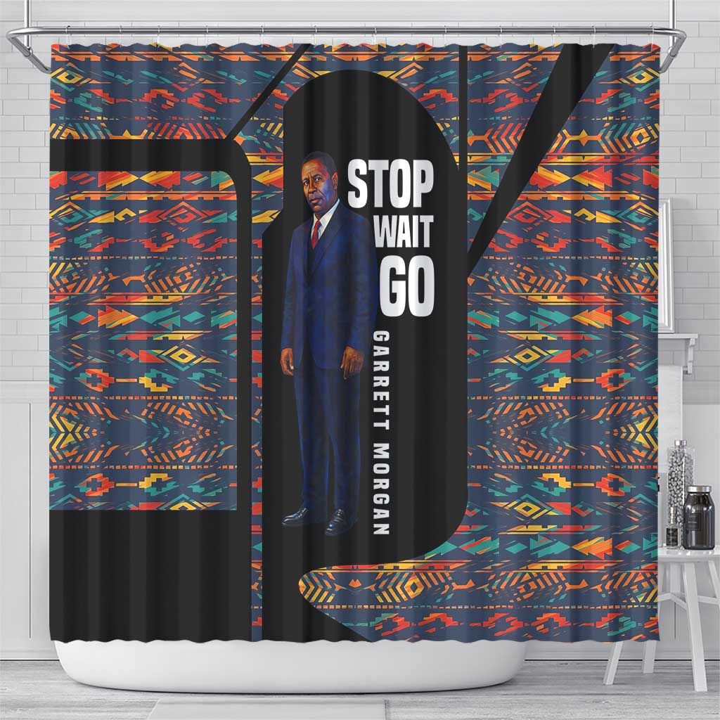 Garrett Morgan Shower Curtain with Full Body Portrait, Stop Wait Go Quote, Traffic Light Design - African Pride