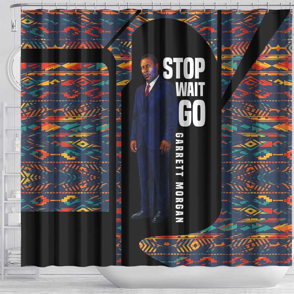 Garrett Morgan Shower Curtain with Full Body Portrait, Stop Wait Go Quote, Traffic Light Design - African Pride