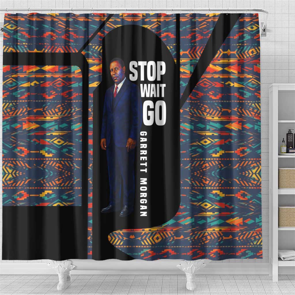 Garrett Morgan Shower Curtain with Full Body Portrait, Stop Wait Go Quote, Traffic Light Design - African Pride