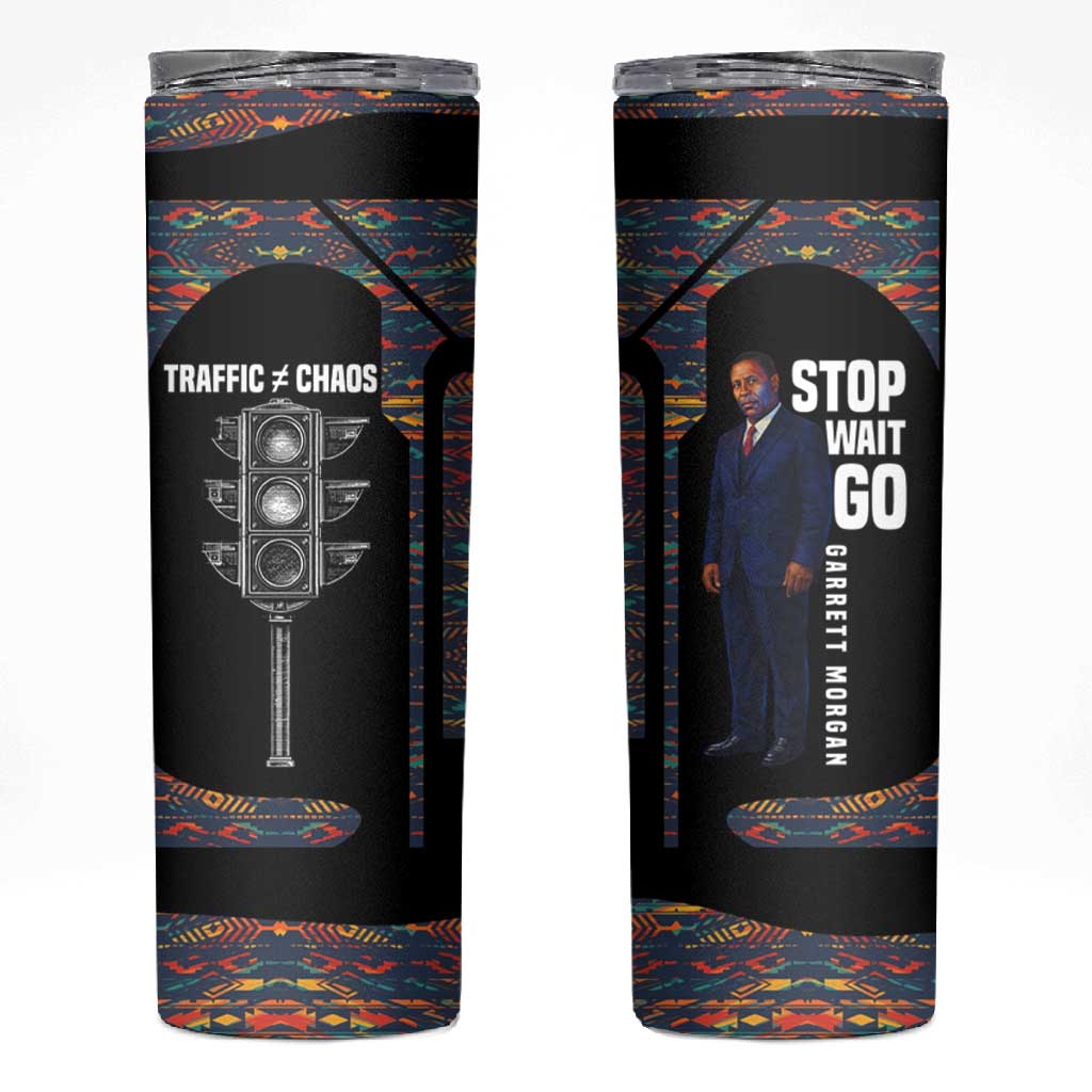 Garrett Morgan Skinny Tumbler with Full Body Portrait, Stop Wait Go Quote, Traffic Light Design - African Pride