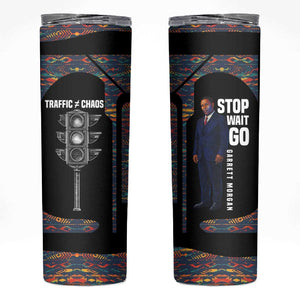 Garrett Morgan Skinny Tumbler with Full Body Portrait, Stop Wait Go Quote, Traffic Light Design - African Pride