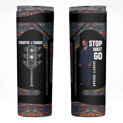 Garrett Morgan Skinny Tumbler with Full Body Portrait, Stop Wait Go Quote, Traffic Light Design - African Pride