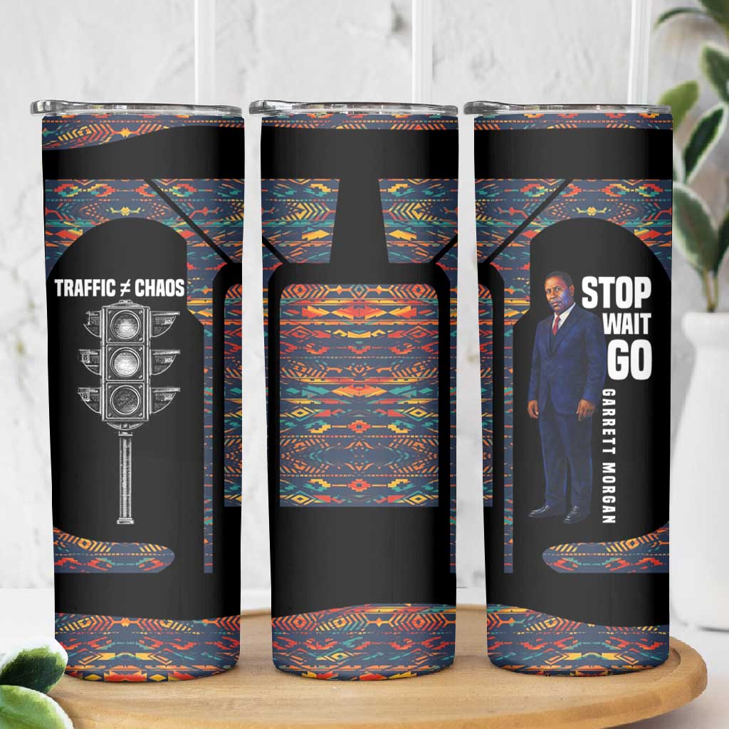 Garrett Morgan Skinny Tumbler with Full Body Portrait, Stop Wait Go Quote, Traffic Light Design - African Pride