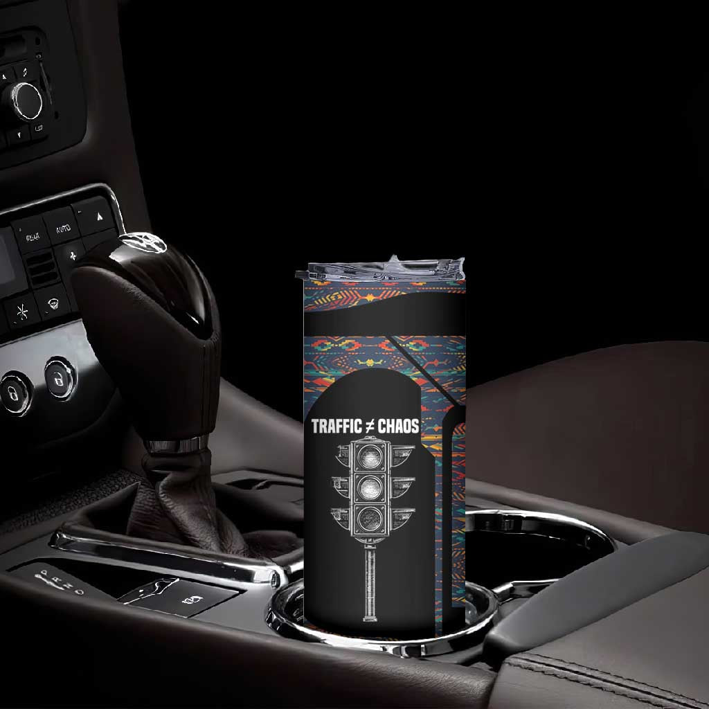 Garrett Morgan Skinny Tumbler with Full Body Portrait, Stop Wait Go Quote, Traffic Light Design - African Pride