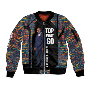 Garrett Morgan Sleeve Zip Bomber Jacket with Full Body Portrait, Stop Wait Go Quote, Traffic Light Design - African Pride