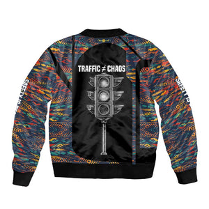 Garrett Morgan Sleeve Zip Bomber Jacket with Full Body Portrait, Stop Wait Go Quote, Traffic Light Design - African Pride