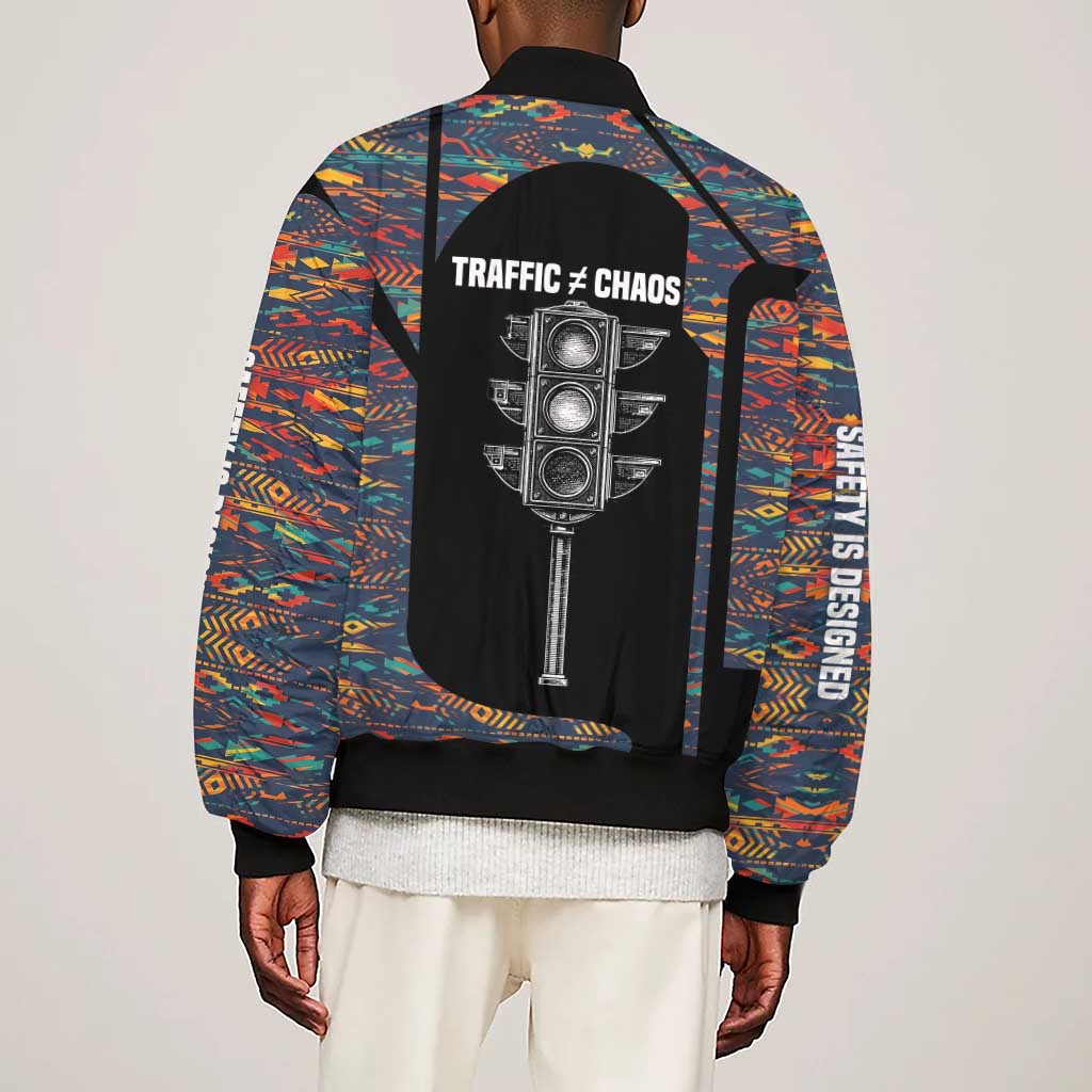 Garrett Morgan Sleeve Zip Bomber Jacket with Full Body Portrait, Stop Wait Go Quote, Traffic Light Design - African Pride