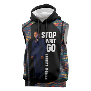 Garrett Morgan Sleeveless Hoodie with Full Body Portrait, Stop Wait Go Quote, Traffic Light Design - African Pride