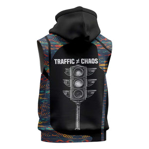 Garrett Morgan Sleeveless Hoodie with Full Body Portrait, Stop Wait Go Quote, Traffic Light Design - African Pride