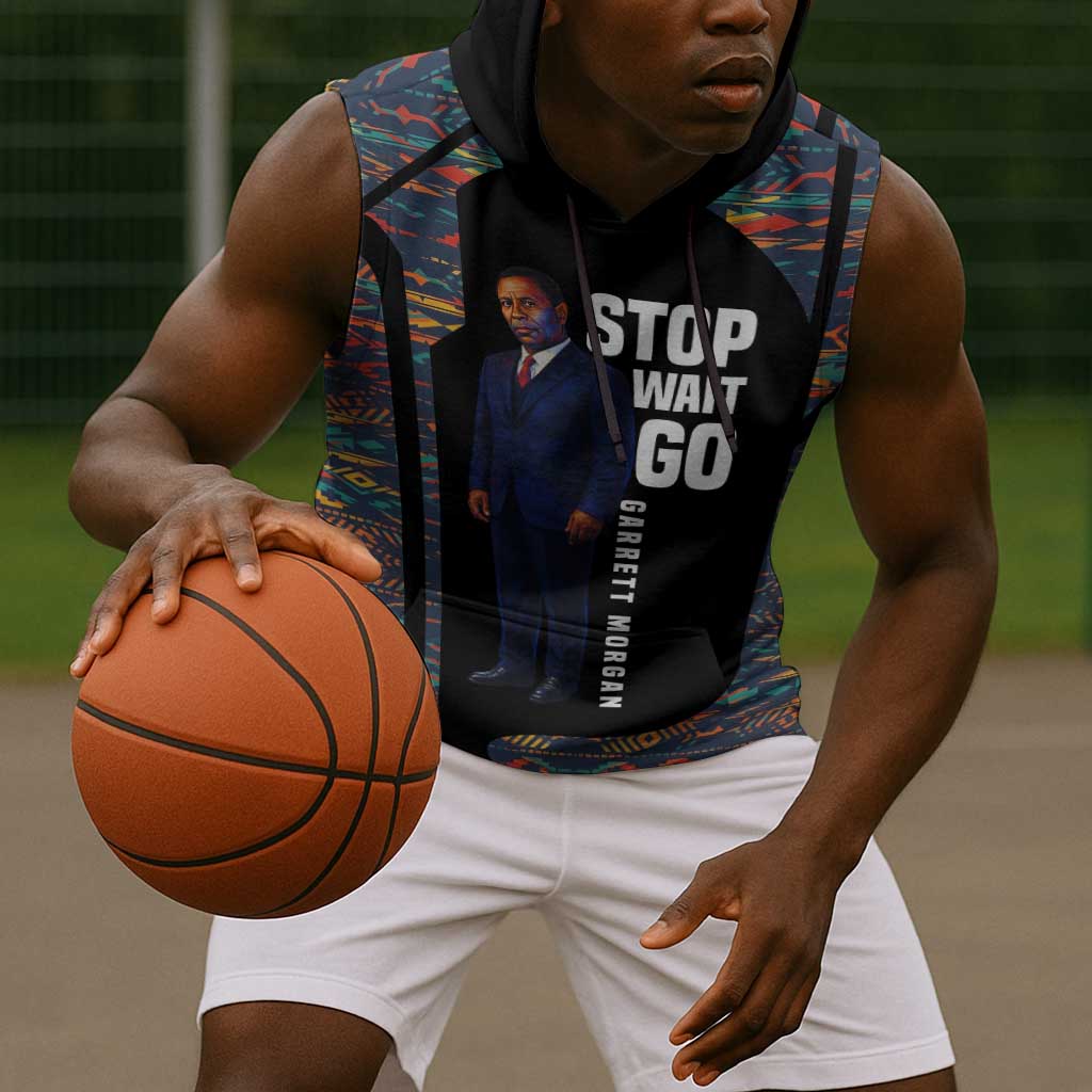Garrett Morgan Sleeveless Hoodie with Full Body Portrait, Stop Wait Go Quote, Traffic Light Design - African Pride