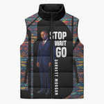 Garrett Morgan Sleeveless Puffer Jacket with Full Body Portrait, Stop Wait Go Quote, Traffic Light Design - African Pride