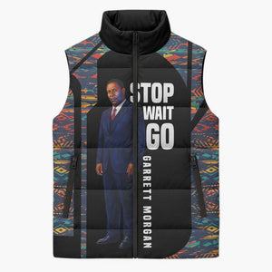 Garrett Morgan Sleeveless Puffer Jacket with Full Body Portrait, Stop Wait Go Quote, Traffic Light Design - African Pride