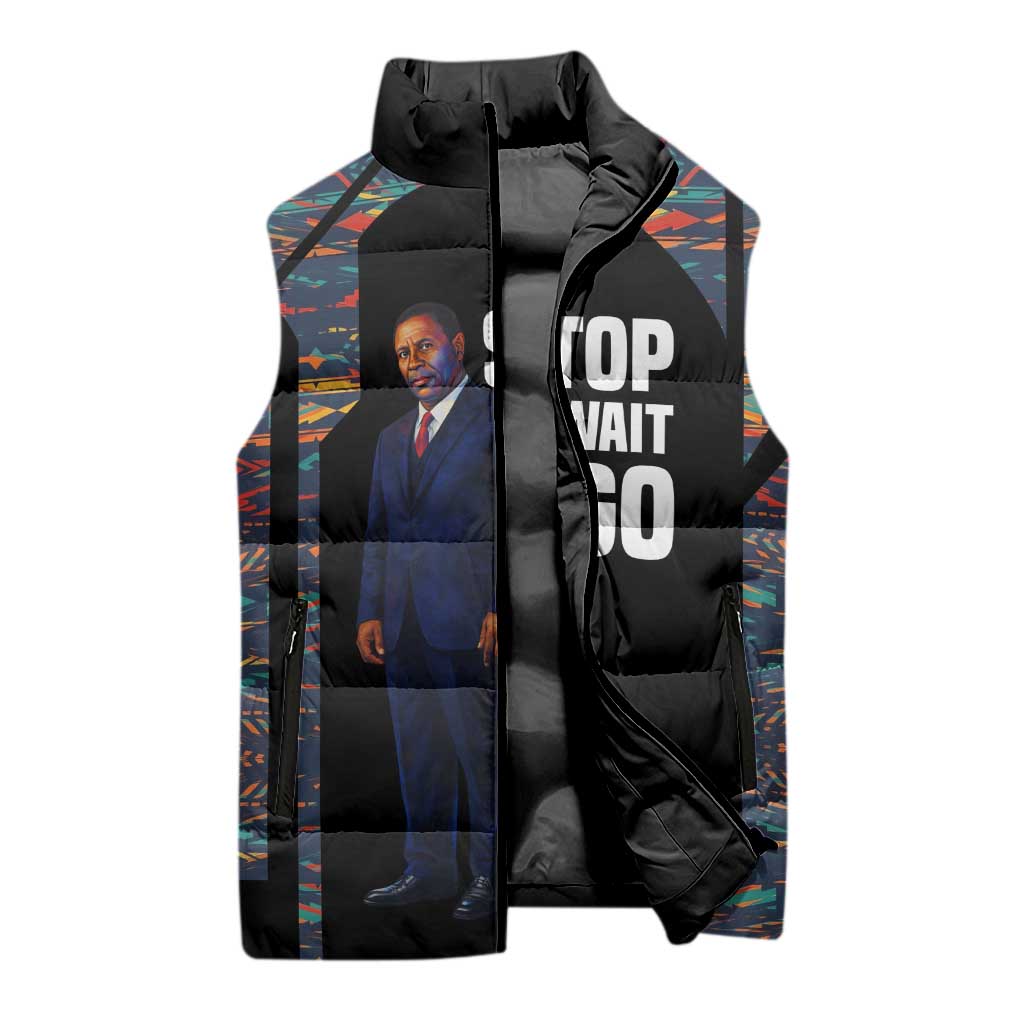 Garrett Morgan Sleeveless Puffer Jacket with Full Body Portrait, Stop Wait Go Quote, Traffic Light Design - African Pride