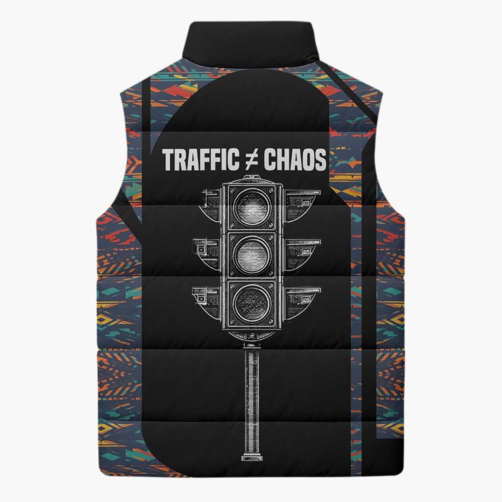 Garrett Morgan Sleeveless Puffer Jacket with Full Body Portrait, Stop Wait Go Quote, Traffic Light Design - African Pride