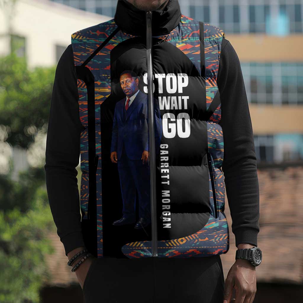 Garrett Morgan Sleeveless Puffer Jacket with Full Body Portrait, Stop Wait Go Quote, Traffic Light Design - African Pride