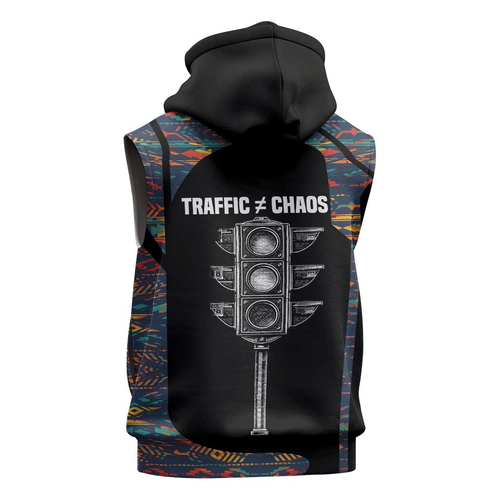 Garrett Morgan Sleeveless Zip Hoodie with Full Body Portrait, Stop Wait Go Quote, Traffic Light Design - African Pride