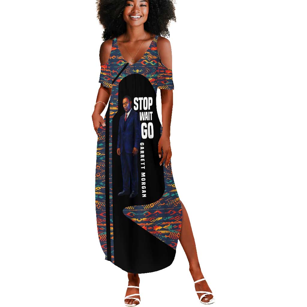 Garrett Morgan Summer Maxi Dress with Full Body Portrait, Stop Wait Go Quote, Traffic Light Design - African Pride